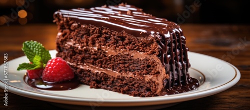 A rich and lavish serving of dark chocolate cake