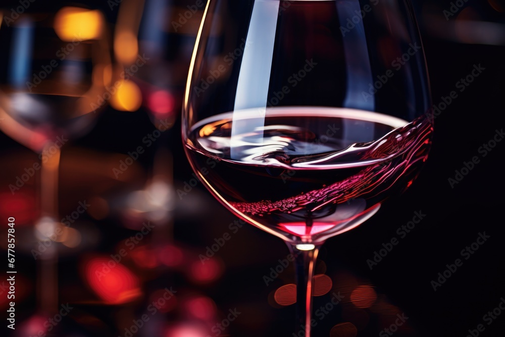 A detailed shot capturing the richness and velvety texture of red wine in a glass