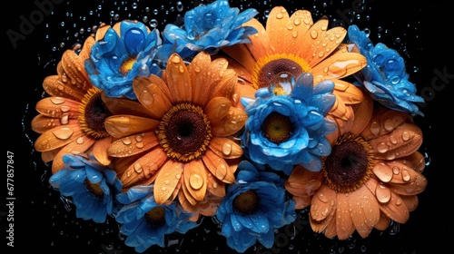 Bouquet of blue and orange gerberas on black background. Springtime Concept. Valentine's Day Concept with a Copy Space. Mother's Day