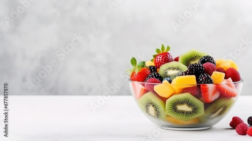 Healthy detox fruits salad in bowl on light surface, with empty copy space