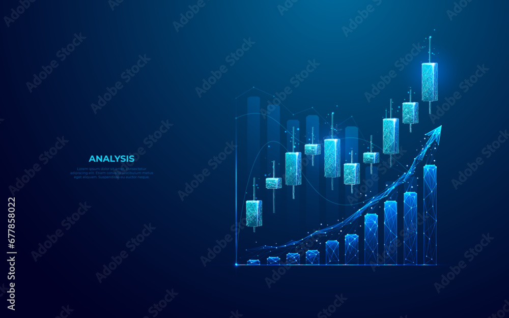 Stock market or trading graph chart on technology blue background. Forex Japanese candlesticks as holograms. Finance and trade concept. Exchange metaphor. Low poly abstract vector illustration.