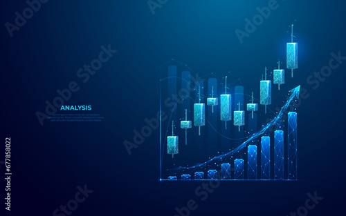 Stock market or trading graph chart on technology blue background. Forex Japanese candlesticks as holograms. Finance and trade concept. Exchange metaphor. Low poly abstract vector illustration.