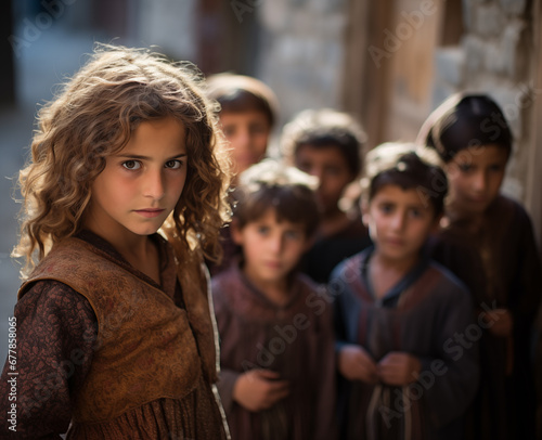 Group of poor young Arab children outside