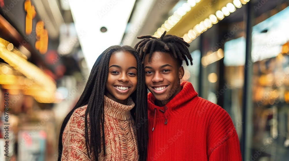 A happy young black American couple together at the christmas shopping. Christmas, gifts, love concept.people in red christmas clothes