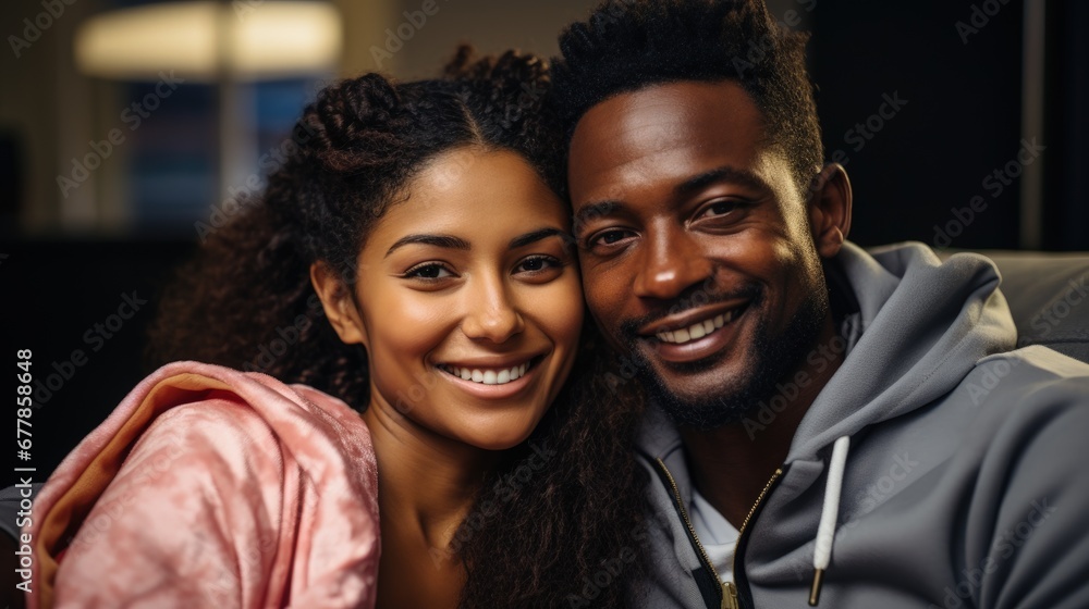 A happy yong black American couple together at the cozy interior . A happy yong black American couple together at the cozy interior .