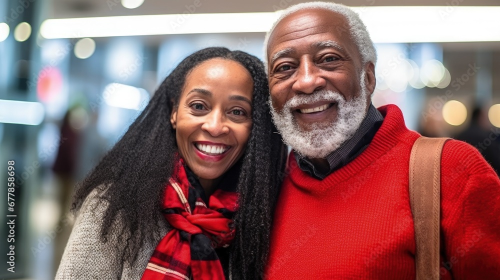 A happy senior black American couple together at the christmas shopping. Christmas, gifts, love concept.people in red christmas clothes A happy senior black American couple together at the christmas shopping. Christmas, gifts, love concept.people in red christmas clothes