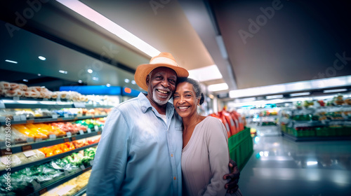 A happy senior black American couple together at the groceru store shopping. © StasySin