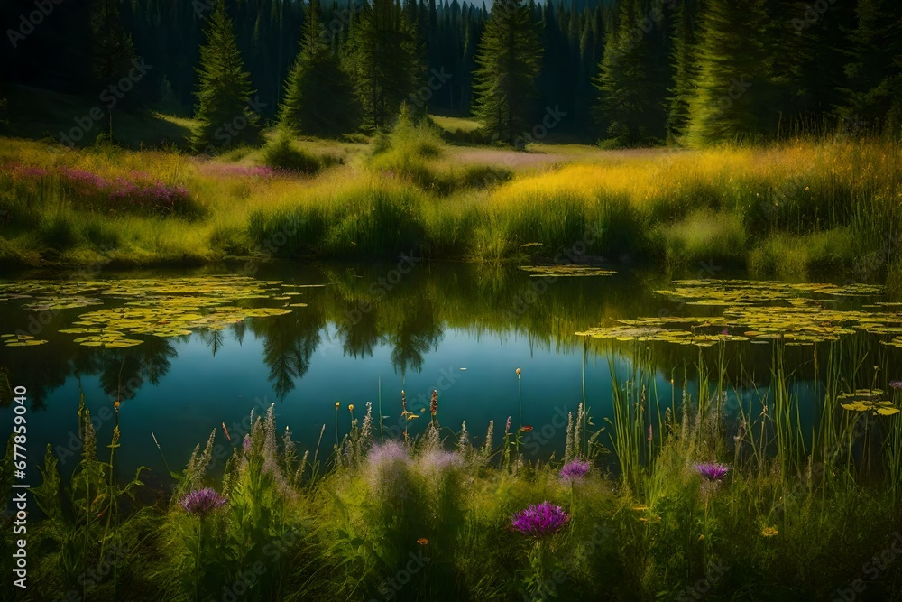 A picturesque pond nestled in a charming meadow, surrounded by wildflowers A picturesque pond nestled in a charming meadow, surrounded by wildflowers