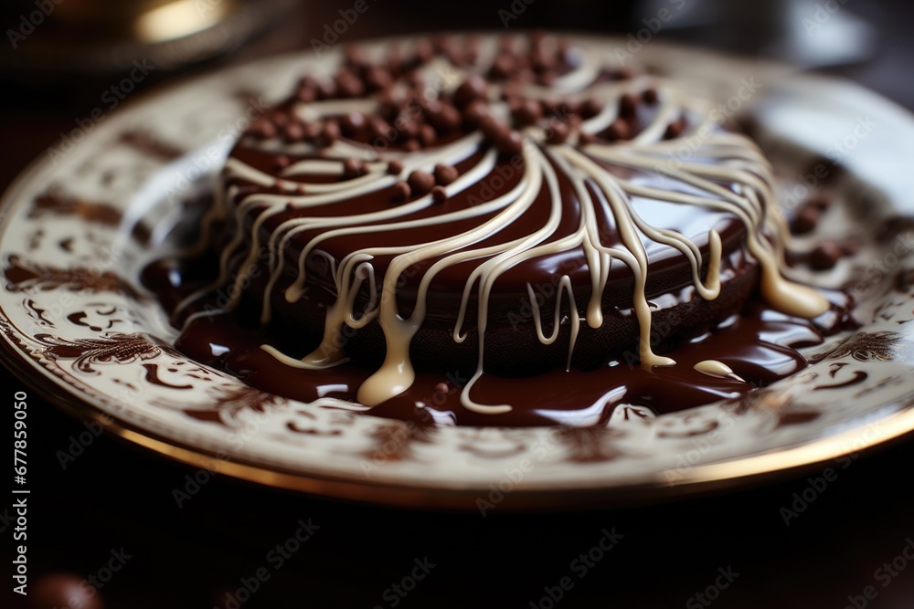 A detailed shot capturing the close-up of intricate chocolate drizzle patterns on a dessert plate A detailed shot capturing the close-up of intricate chocolate drizzle patterns on a dessert plate