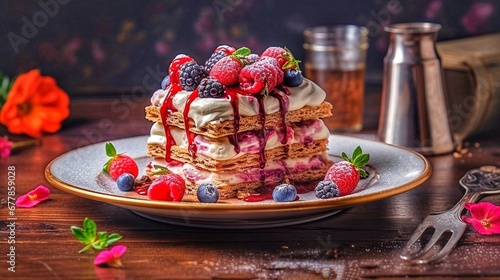 Pancakes with fresh berries and fruit sauce on a black background