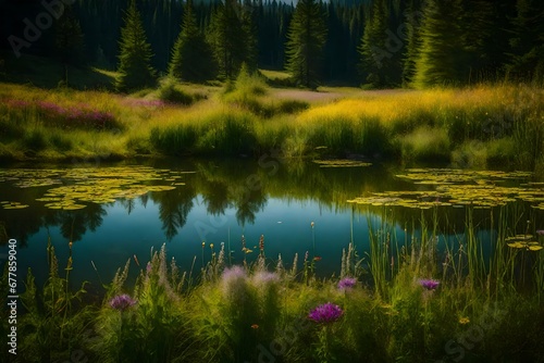 A picturesque pond nestled in a charming meadow, surrounded by wildflowers © Fahad