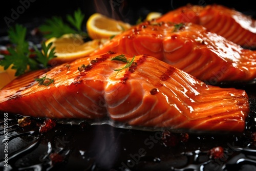 A close-up, The intricate textures of a freshly grilled salmon fillet