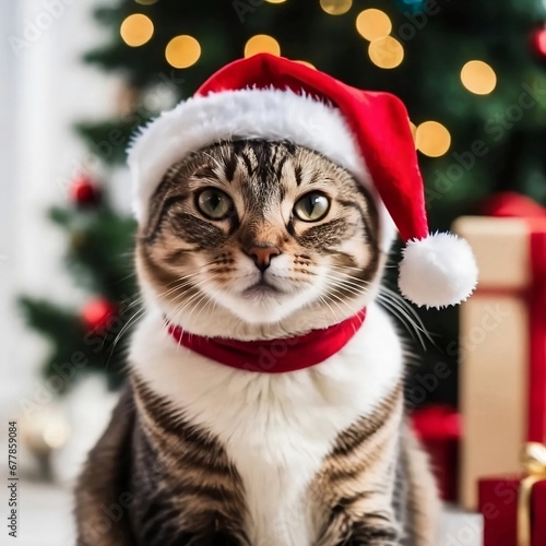 cat with christmas hat - cute cat mother celebrating christmas © Hamzart