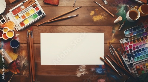  Wooden Background with Brushes, Colors, and Paper, Inviting Creativity to Unfold in the World of Painting photo