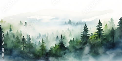 Watercolor illustration of pine tree forest with fog, abstract background