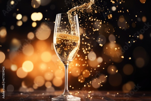 A glass of sparkling champagne, effervescent bubbles rising to the top