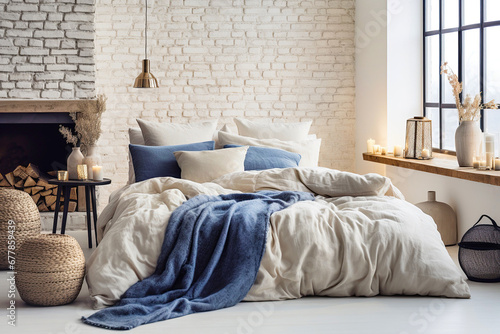 Bed with blue pillows and coverlet near fireplace against white brick wall. Loft, scandinavian interior design of modern bedroom. photo