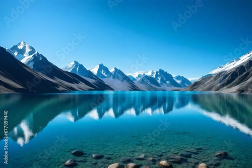 A serene alpine lake, its glassy surface reflecting a clear blue sky and distant mountains