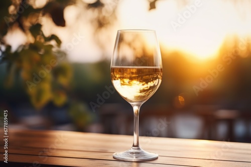 Glass of white wine against a landscape background