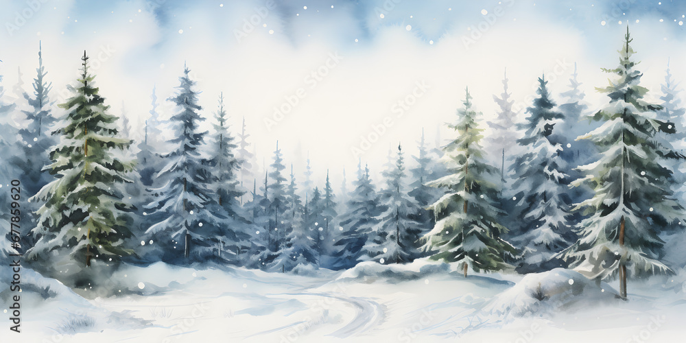 Watercolor illustration of pine tree forest with snow, abstract background