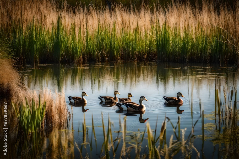 A family of ducks wading through the reeds of a serene wetland pond