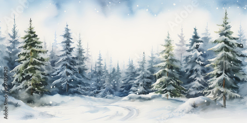Watercolor illustration of pine tree forest with snow  abstract background