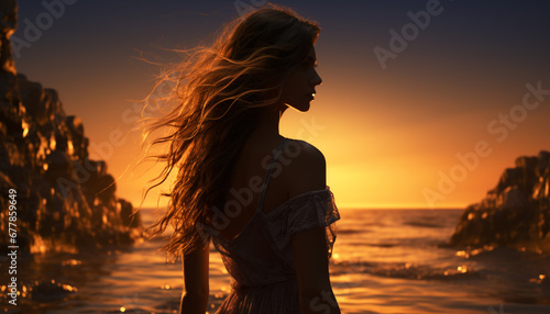 Young woman enjoying the beauty of nature at sunset by the water generated by AI