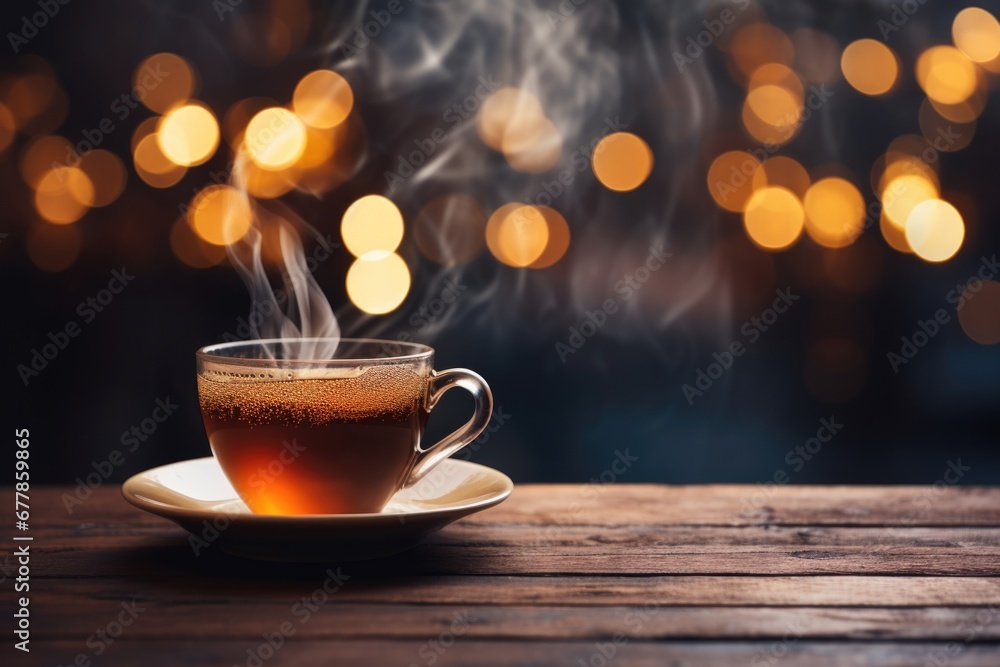 Obraz premium A cup of black tea, steaming and enveloping in its warmth and comfort