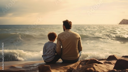 Father and Son Sitting Together by the Sea Shore. Generative ai