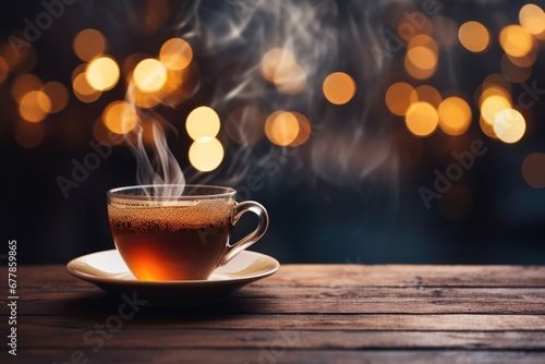 A cup of black tea, steaming and enveloping in its warmth and comfort