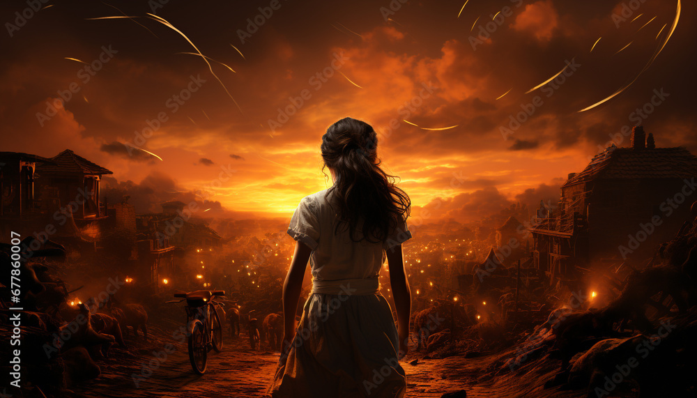 Young adults standing outdoors, silhouettes against a fiery sunset sky generated by AI Young adults standing outdoors, silhouettes against a fiery sunset sky generated by AI
