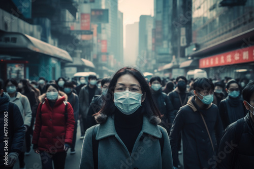 thought-provoking image of a person wearing a protective mask in a crowded urban setting, symbolizing the collective responsibility and individual actions needed to mitigate the spread of infections photo