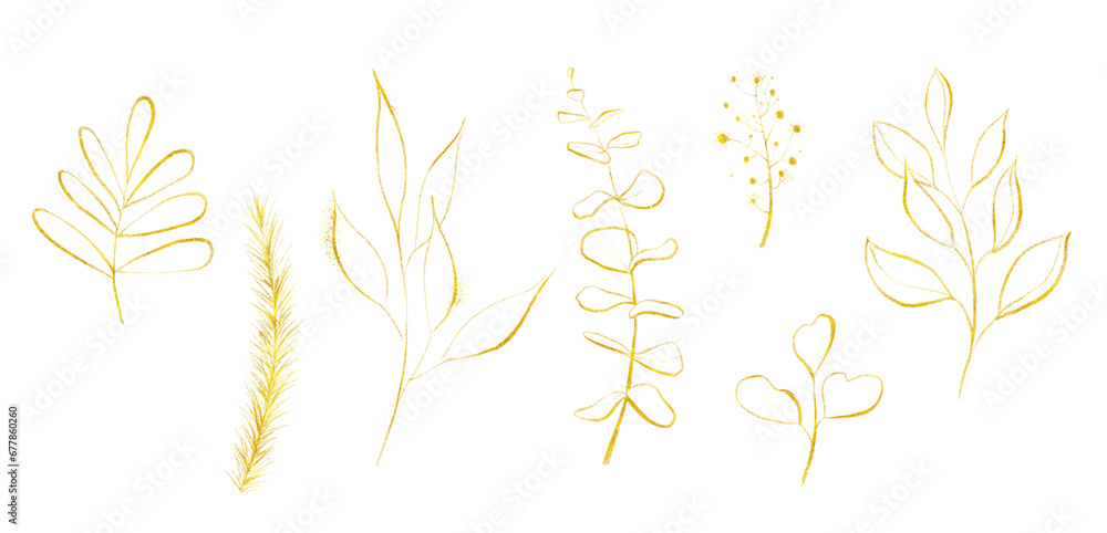 Golden texture Christmas set of evergreen twigs. Yellow colours. Cut out hand drawn illustrations drawing. Golden texture Christmas set of evergreen twigs. Yellow colours. Cut out hand drawn illustrations drawing.