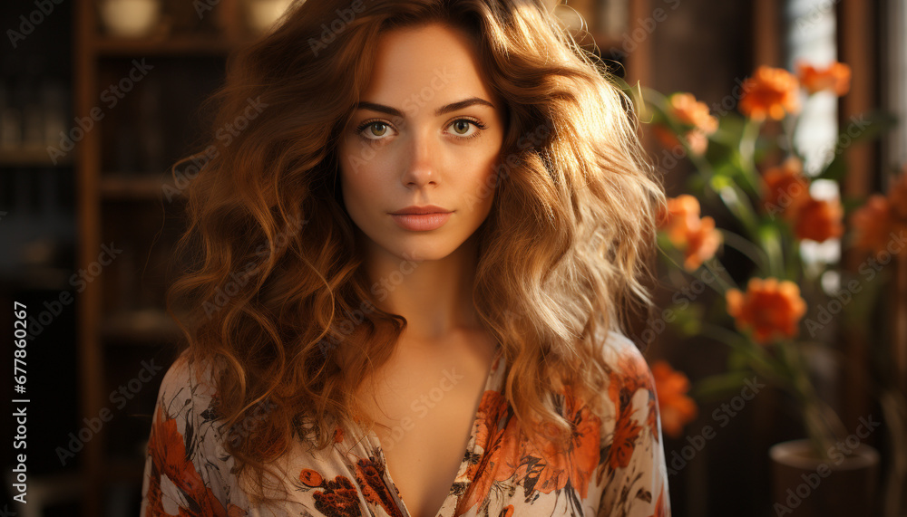 Fototapeta premium A beautiful young woman with long brown hair smiling at camera generated by AI