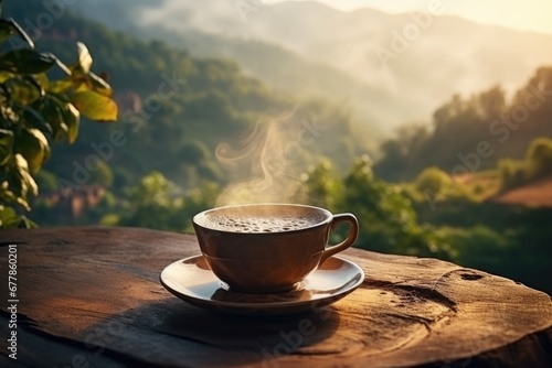 A cup filled with aromatic coffee against the scenic view of a landscape