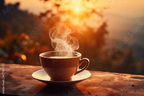 A cup of coffee with a delightful aroma, set against a picturesque landscape