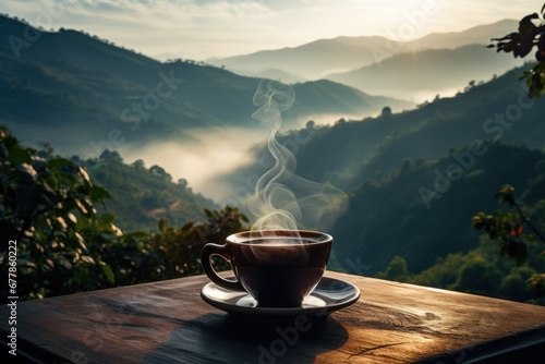 A cup of coffee with a delightful aroma, set against a picturesque landscape