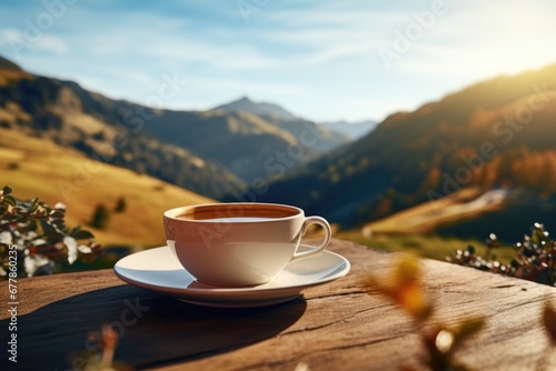 A cup of fragrant tea set against a scenic backdrop