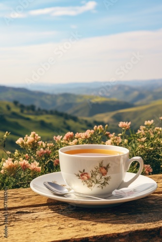 Aromatic tea in a cup with a landscape in the background