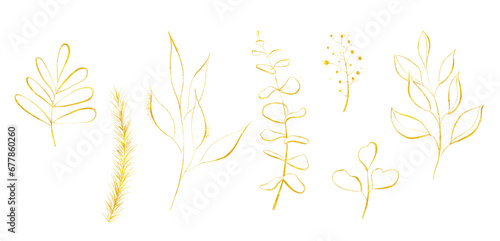 Golden texture Christmas set of evergreen twigs. Yellow colours. Cut out hand drawn illustrations drawing. photo