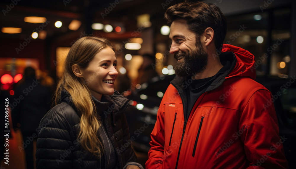 Young couple embracing, smiling, enjoying nightlife in city generated by AI