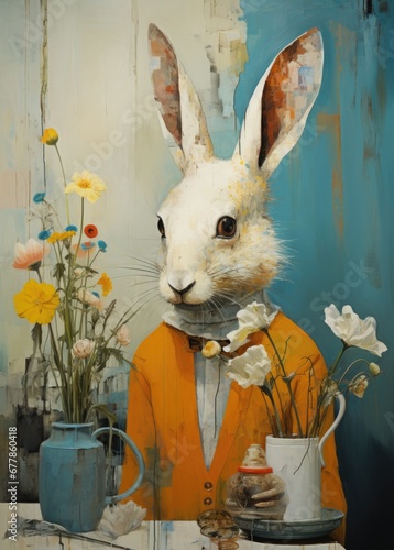 Fairytale rabbit surrounded by flowers. Gorgeous illustrations of characteristic animal portraits in the style of colorful assemblages of the 1940s, the Helsinki school, yellow and aquamarine colors photo