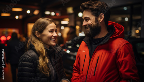 Young couple embracing, smiling, enjoying nightlife in city generated by AI
