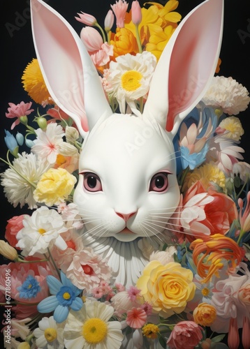 Fairytale rabbit surrounded by flowers. Gorgeous illustrations of characteristic animal portraits in the style of colorful assemblages of the 1940s, the Helsinki school, yellow and aquamarine colors photo