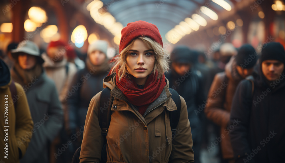 Young adults walking in the city, wearing warm clothing generated by AI