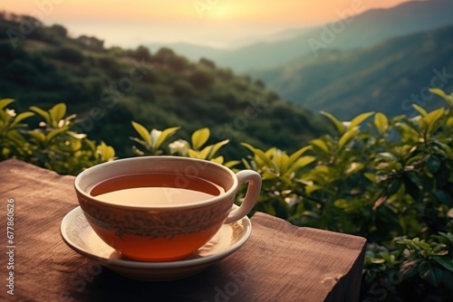 A backdrop of a landscape enhancing the experience of a cup of aromatic tea
