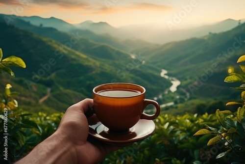 A hand gripping a cup of fragrant tea with a landscape in the background
