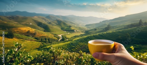 Holding a cup of aromatic tea against a scenic backdrop