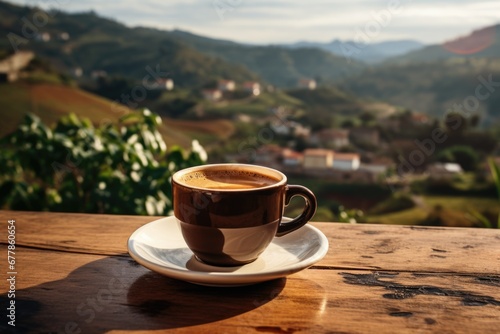 a cup of aromatic espresso against a landscape background