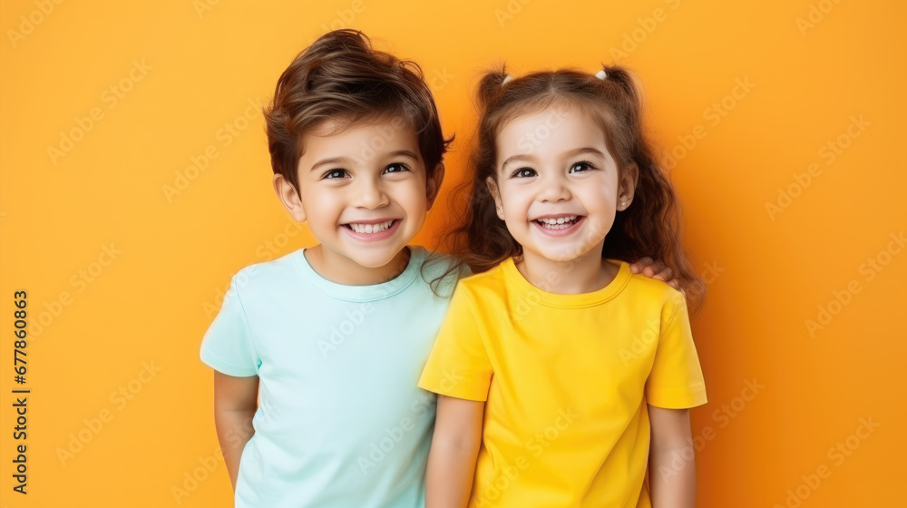 cheerful children, boy and girl on a colored background in the studio, brother and sister, child, kid, toddler, childhood, portrait, face, emotional, expression, joy, friends, happiness, baby, clothes cheerful children, boy and girl on a colored background in the studio, brother and sister, child, kid, toddler, childhood, portrait, face, emotional, expression, joy, friends, happiness, baby, clothes